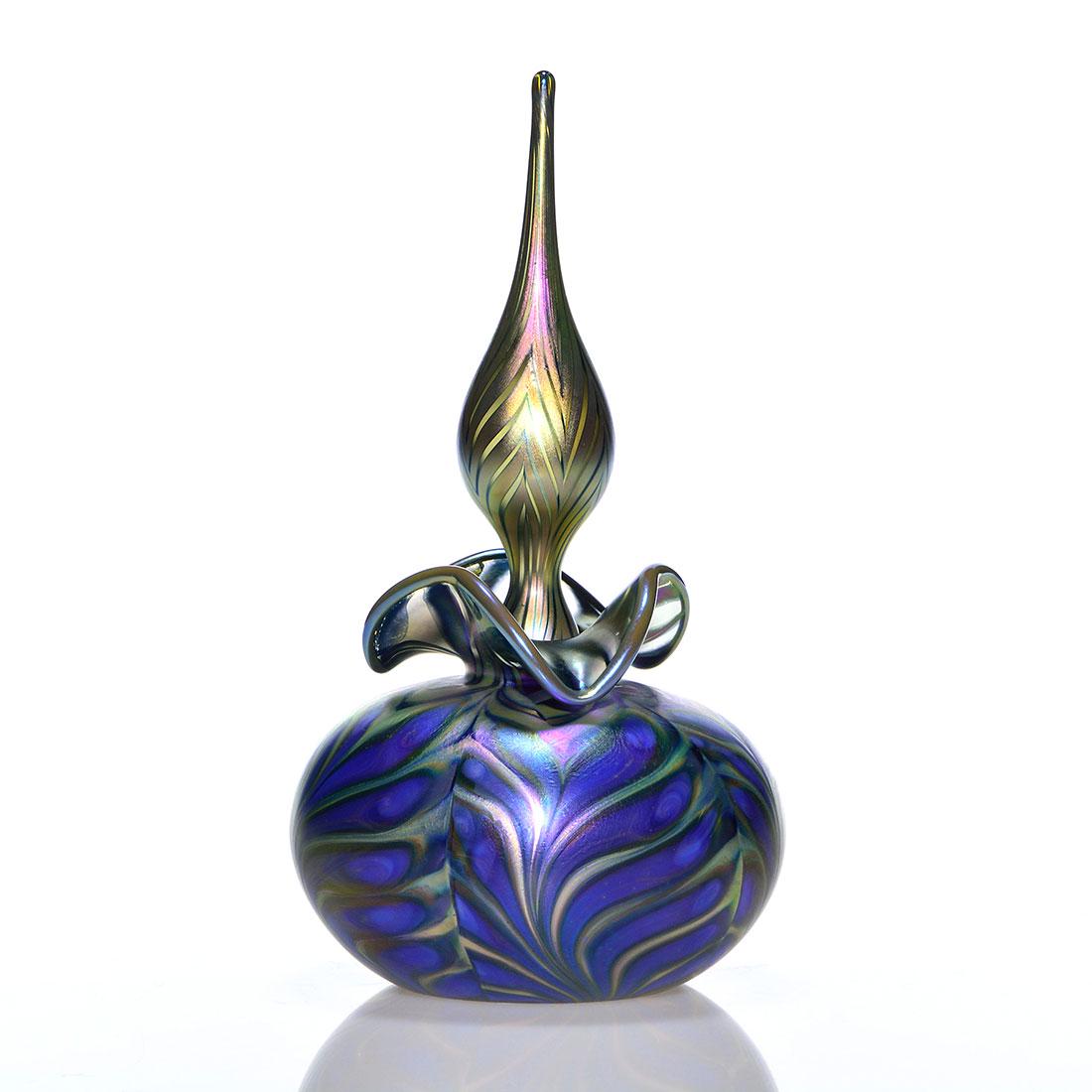 Daniel Lotton perfume and stopper, feathers, 2014, 11": Daniel Lotton platinum blue bulbous perfume having a ruffled neck plus a teardrop stopper, each with pulled feather design. Combined height 11 inches and 6 inches across. Artist signed with 2014 date.