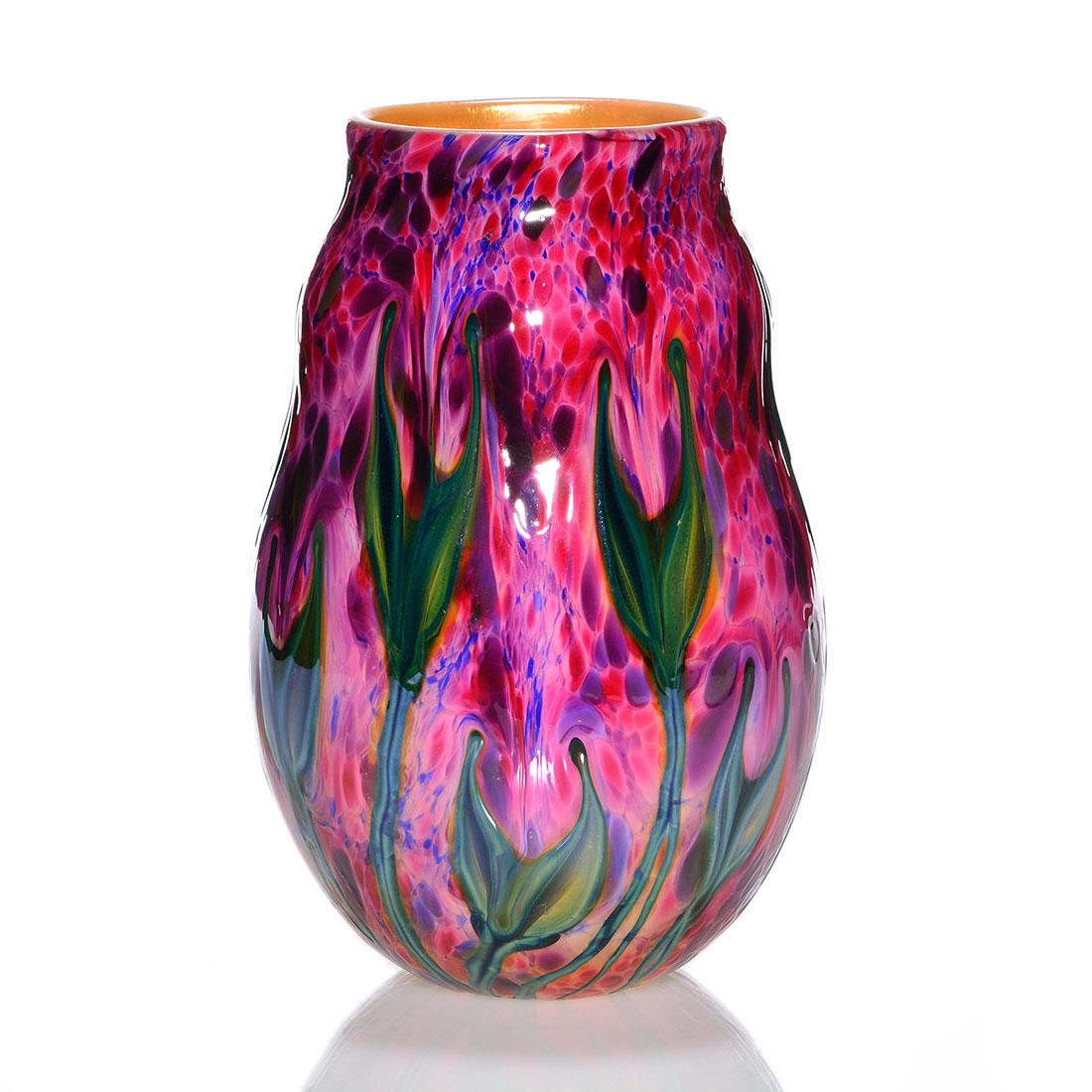 Charles Lotton Cypriot vase, split leaves, 9 1/2": Impressive Charles Lotton Cypriot vase revealing tall and short split leaf foliage in variegated blue greens arranged over a busy mix of mulberry, purple, ruby, cobalt and lavender droplets. A contras