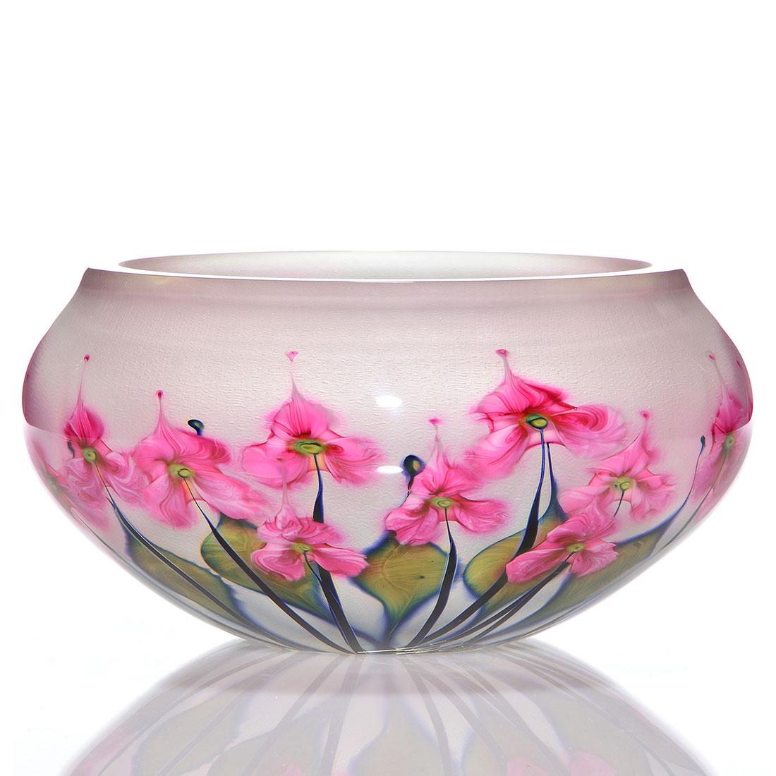 John Lotton Paperweight Verre de Soie center bowl, 12": Monumental John Lotton Paperweight center bowl revealing four layers of design. John layered the thick walls with pink and white trillium and custard blue foliage about a frosty Verre de Soie interior