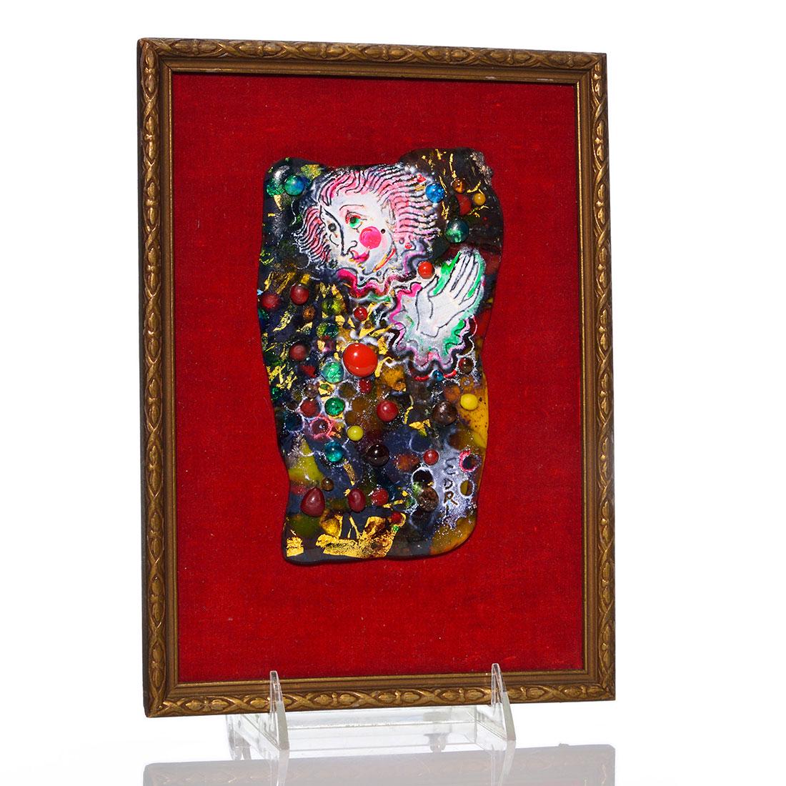 Edris Eckhardt plaque, Harlequin, 6 3/4" X 4", 1972: Edris Eckhardt gold glass free form plaque entitled Harlequin, created in 1972, utilizing colorful florescent enamel, glass droplets and gold foil. Signed Edris on the front. Measures 6 3/4 inches by