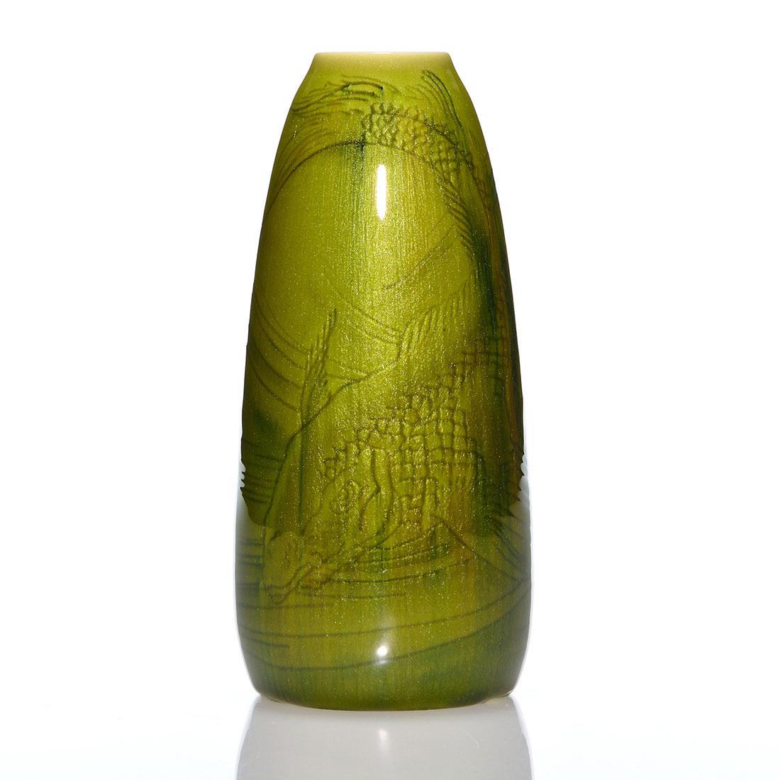 Rookwood Decorated Aventurine, Conant,1920, 6 1/4”: Rare Aventurine vase decorated with a pair of fish done by Arthur Conant in 1920. Marks include the Rookwood logo, date, shape 1871 and Mr. Conant’s incised monogram. Uncrazed but having a coupl