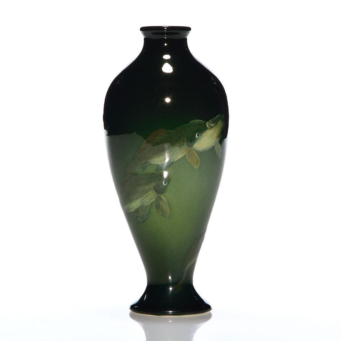 Rookwood Sea Green, fish, Hurley, 1898, 842C, 6 5/8": Sea Green vase decorated with several finely detailed fish painted by E.T. Hurley in 1898. Marks include the Rookwood logo, which indicates the date, shape 842 C, a triangular esoteric mark, an incise