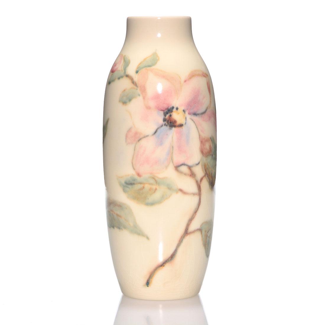 Rookwood Porcelain floral,Holtkamp,1948,932 C,11 5/8": Tall Porcelain vase with magnolia decoration done by Loretta Holtkamp for Rookwood in 1948. Marks include the company logo, the date, shape number 932 C and Holktamp’s monogram in black slip. He