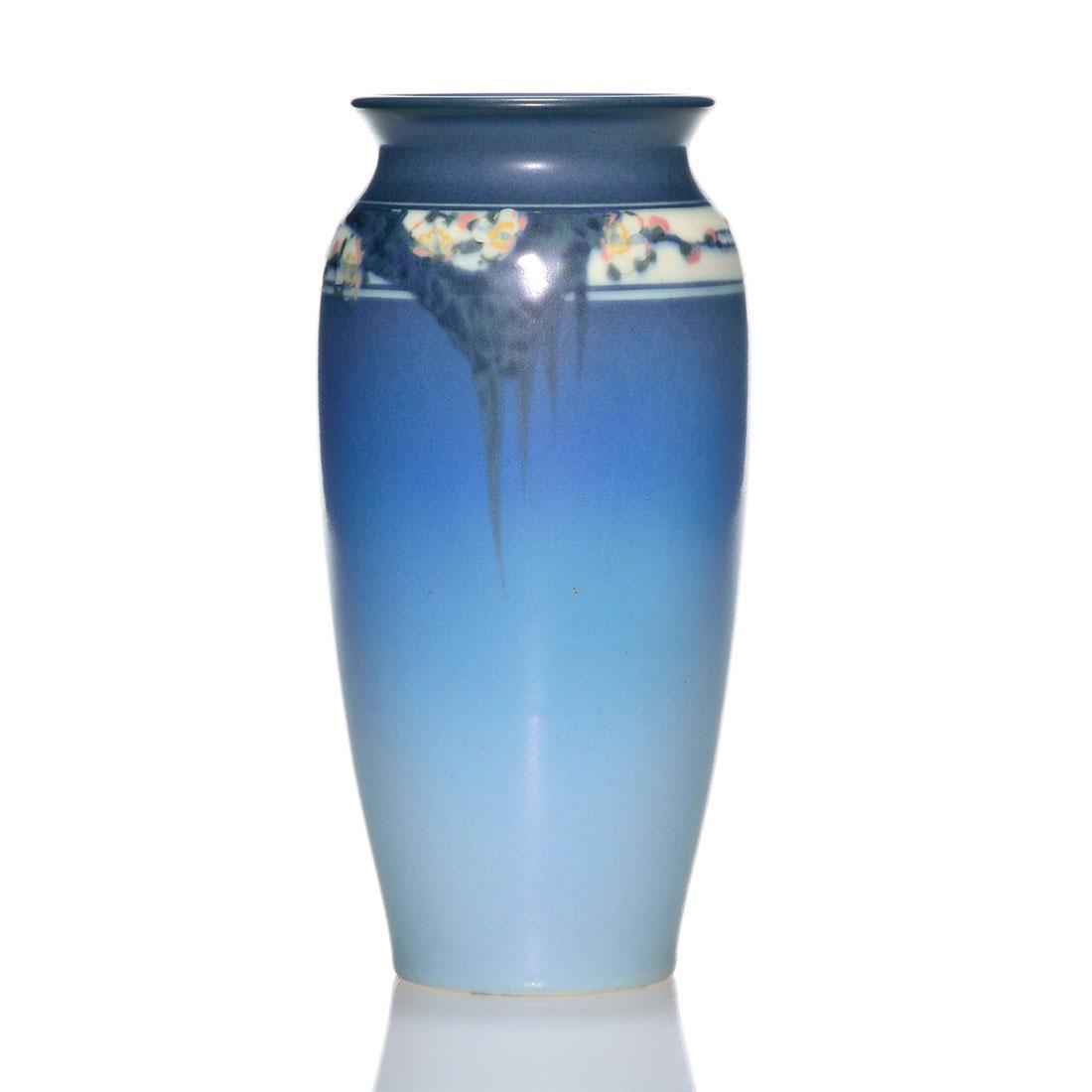 Rookwood Vellum glaze vase, Hurley, 1926, 2544, 8 1/8": Vellum glaze vase decorated with a ring of cherry blossoms at the shoulder painted by E.T. Hurley in 1926. Marks include the Rookwood logo, date, shape 2544, an incised V for Vellum glaze and Mr. Hurl