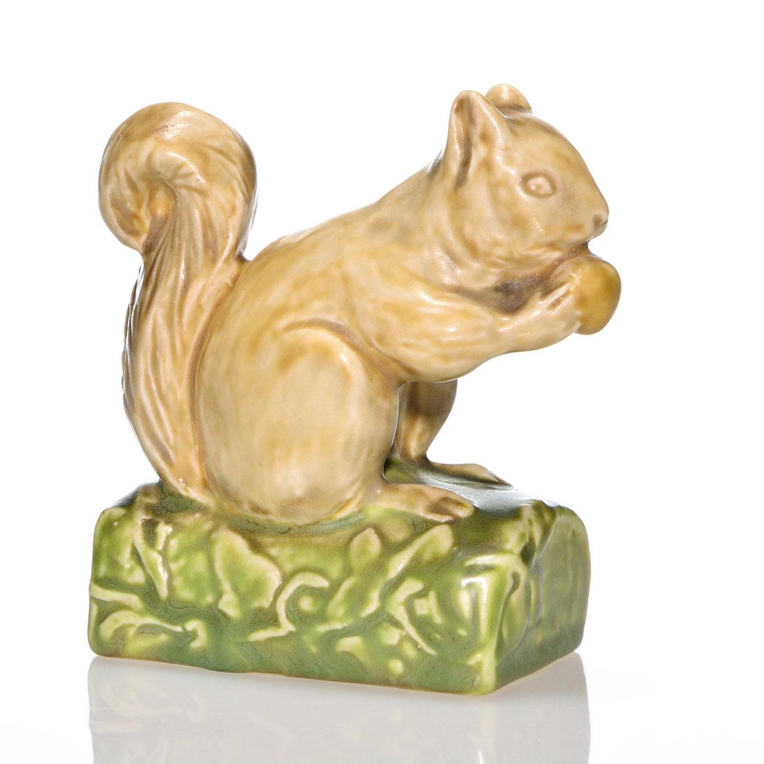 Rookwood Squirrel PW, polychromed, 1928, 6025, 4 1/4": Squirrel paperweight, a Sallie Toohey design, cast in 1928 and covered in multiple mat glazes. Marks include the Rookwood logo, date, shape 6025 and Ms. Toohey’s mold monogram. Excellent origina