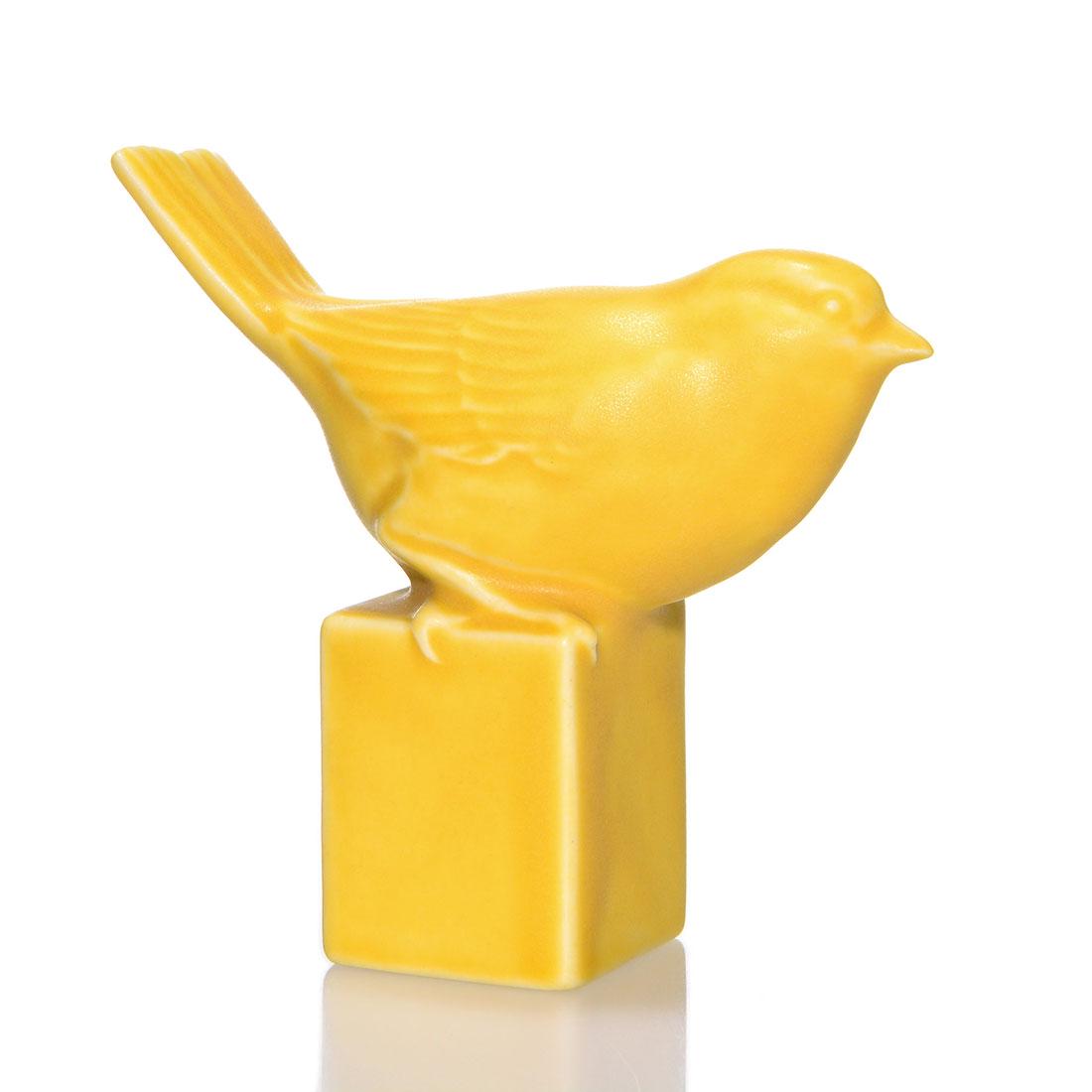 Rookwood Canary PW, 1934, 6383, 3 7/8”: Rookwood Canary paperweight, an Arthur Conant design, cast in 1934 and appropriately covered in a bright yellow mat glaze. Marks include the Rookwood logo, date and shape 6383. Excellent original cond