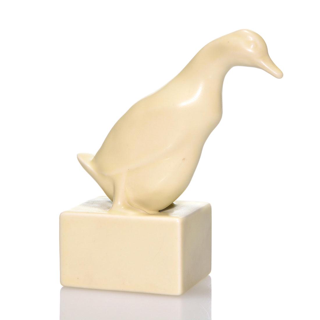 Rare Rookwood mat glaze Goose PW, 1935, 6446, 4 3/4": Goose paperweight, an Arthur Conant design, cast in 1935 and covered with the Ivory mat glaze. Marks include the Rookwood logo, date and shape 6446. Excellent condition with just a couple of tiny pepp