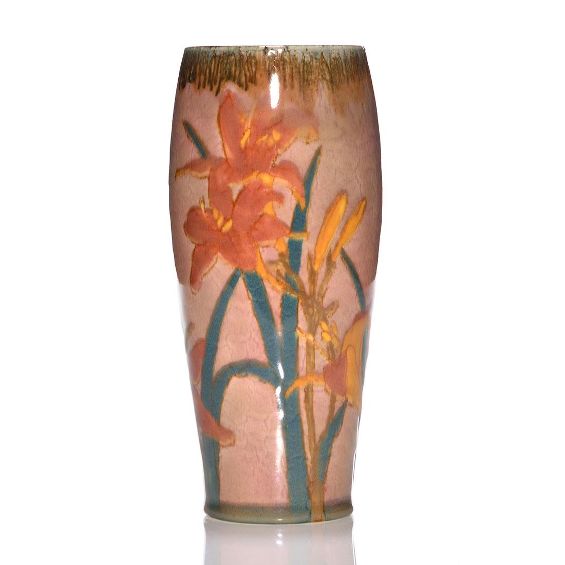 Rookwood Porcelain vase, lilies, 9 1/2”, Sax, (1 of 2)