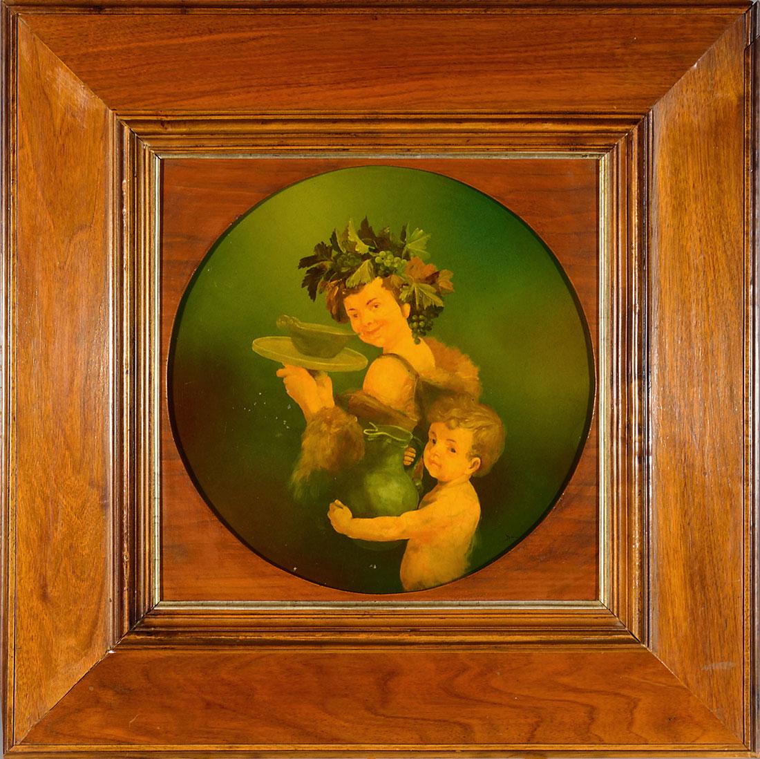 Rookwood Standard plaque, Bacchanal, Horsfall, 13 3/4": Early Standard Glaze circular plaque from the Schulman Collection revealing festive Bacchanal participants executed by Bruce Horsfall, his monogram on the right front. Measures 13 3/4 inches diameter.