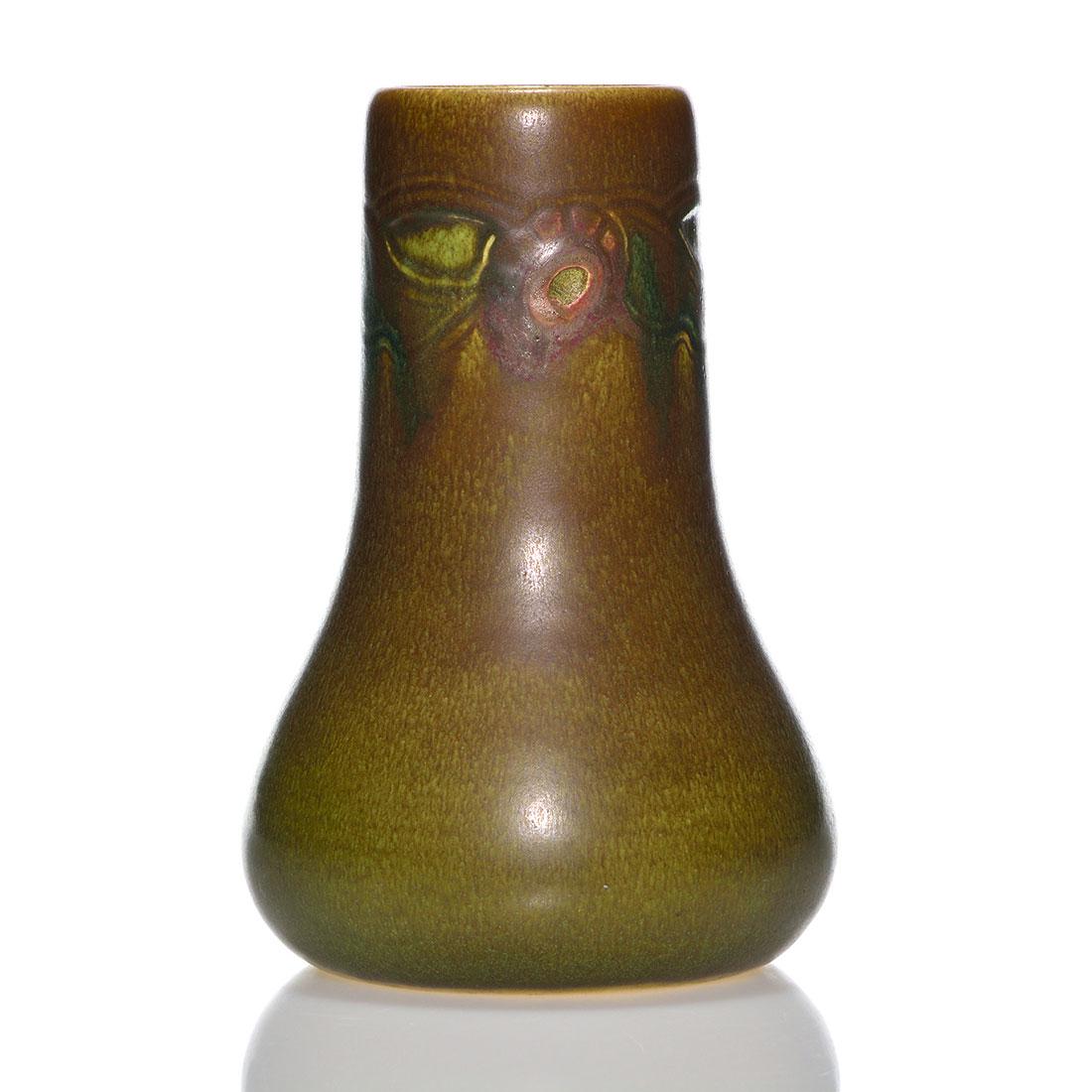 Rookwood Ombroso vase, Todd, 1914, 1132, 7 7/8”: Rookwood vase with carved floral decoration covered in the Ombroso glaze, the work of Charles Todd in 1914. Marks include the Rookwood logo, date, shape 1132 and Mr. Todd’s incised initials. The