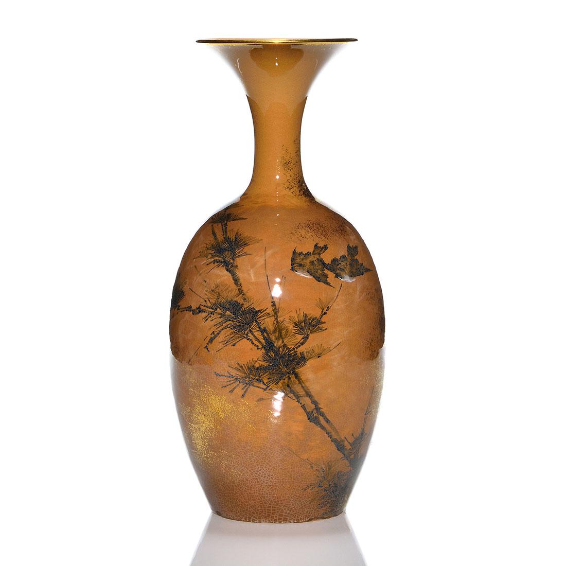 Rookwood Limoges vase, birds, Daly, 1885, 241, 12 7/8": Limoges style vase decorated with birds in flight and having lots of fired on gold, the work of Matt Daly on December 10, 1885. Impressed ROOKWOOD, 1885, shape 241, G for Sage Green clay and incised w