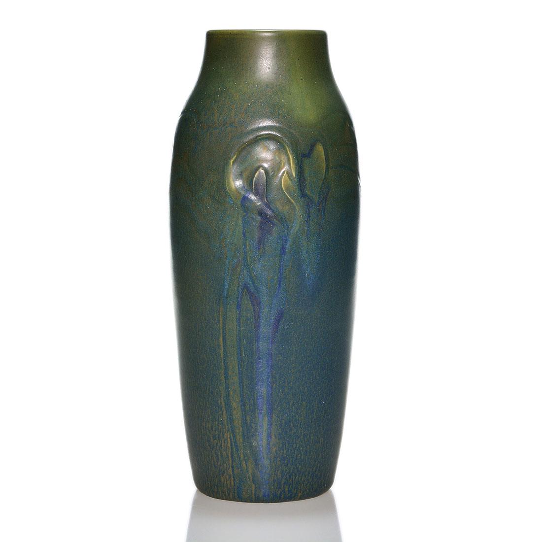 Rookwood Ombroso vase, CST, 1913, 932C, 11 5/8”: Ombroso glaze vase with carved calla lily design, the work of Charles Todd in 1913. Marks include the Rookwood logo, date, shape 932 C and Mr. Todd’s incised initials. There has been professiona