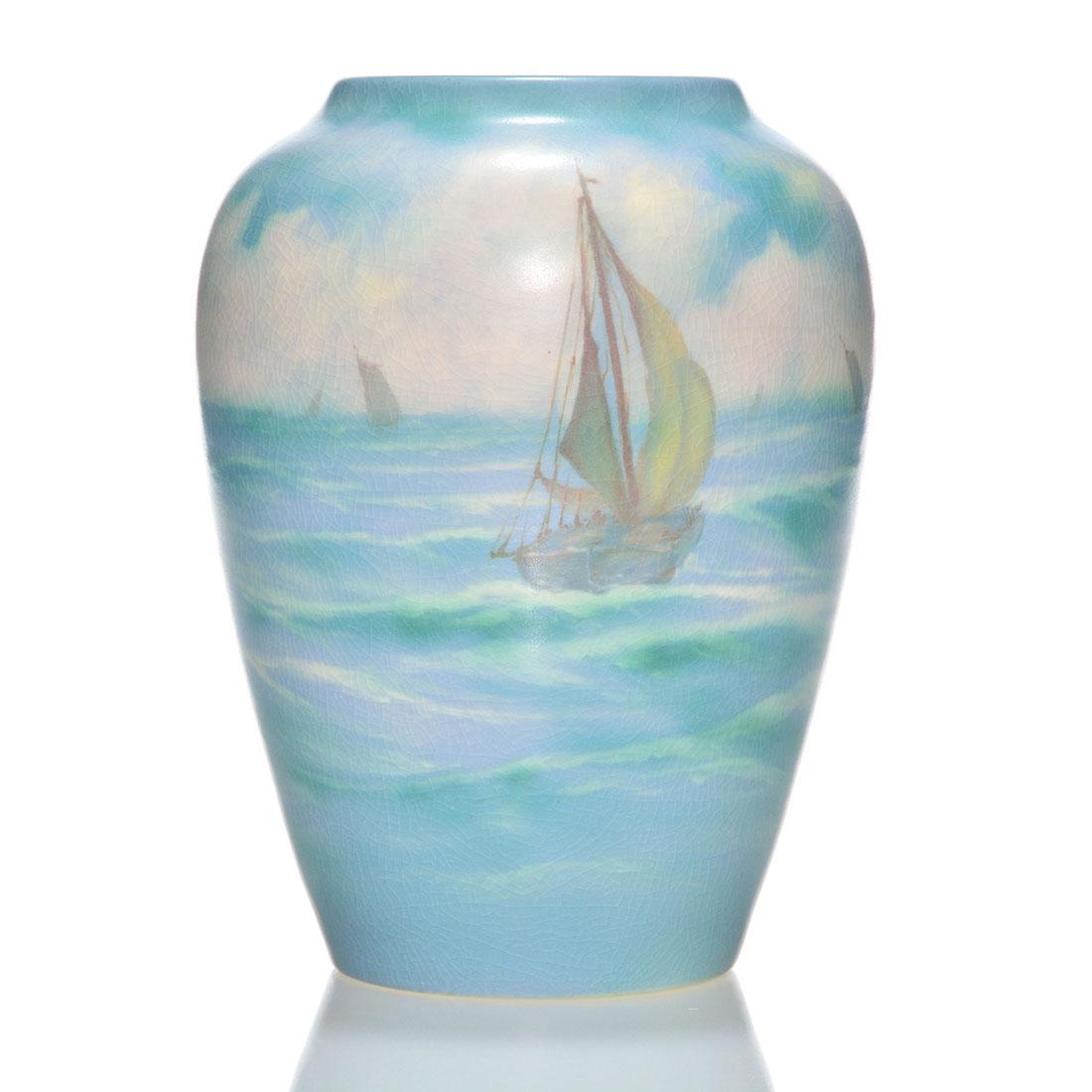 Rookwood Vellum vase, sail boats, Rothenbusch, 1908, 9" (1 of 3)