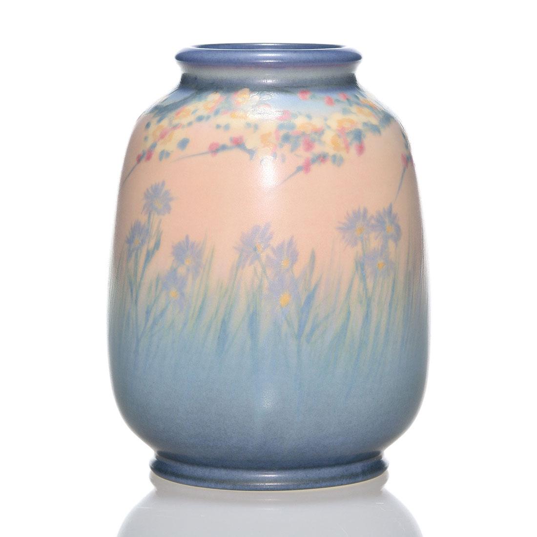 Rookwood Vellum floral, Hurley, 1930, 6196E, 6 1/8" (1 of 2)