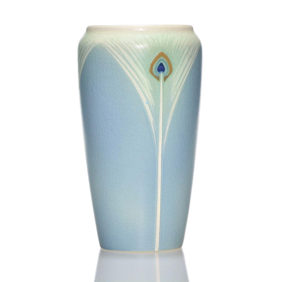 Rookwood Vellum, peacock feathers, Sax, 1910, 7 3/8" (1 of 2)