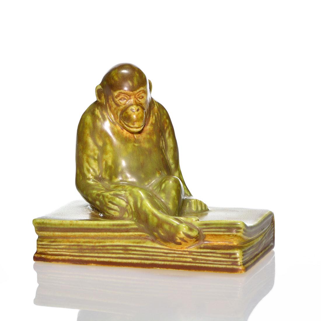 Rookwood Monkey on book, green, 1930, 2677, 3 5/8” (1 of 2)