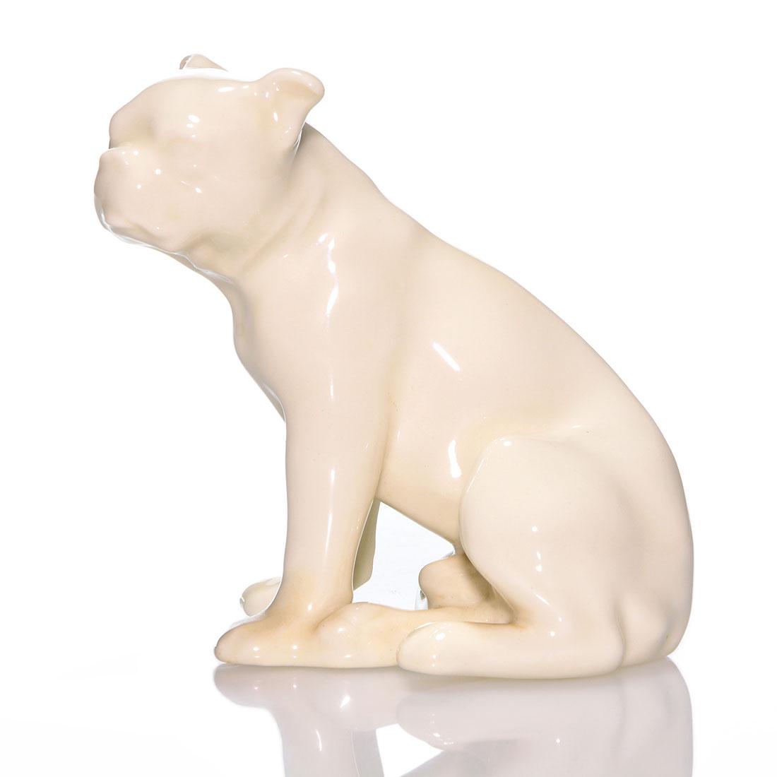 Rookwood Butch paperweight, 6483, 1936, 4 1/2 inches: Butch the Bulldog paperweight, designed by Louise Abel and based on a bulldog owned by E.T. Hurley, cast in 1936 and covered with the White Opal glaze. Impressed with the Rookwood logo, the date, shap