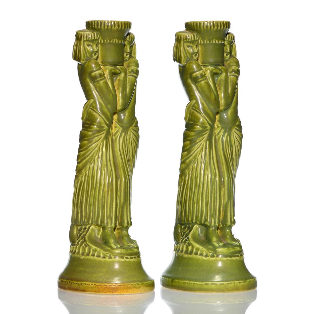 Pr Rookwood Eqyptian Women candlesticks, 1920, 11” (1 of 2)