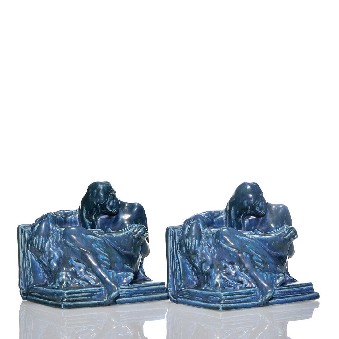 Rookwood Reader bookends, blue, 1938, 2184, 6 1/4” (1 of 2)