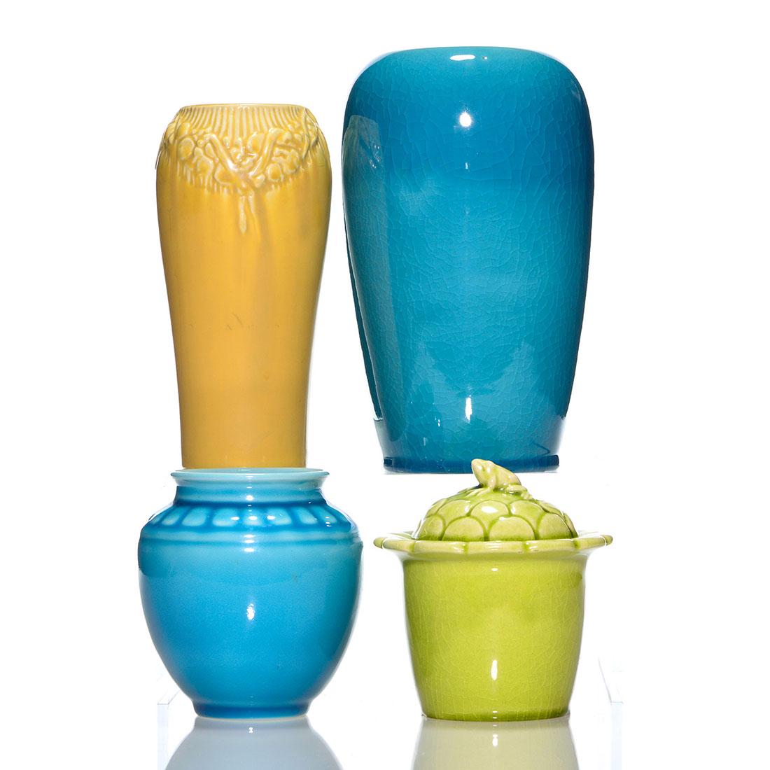 4 Rookwood Production items, tallest 8 1/4”: Four Production items. 1) Turquoise high glaze porcelain vase, 8 1/4 inches, 1916, shape 1126C, P for porcelain, all over crazing. 2) Yellow floral and fringe design, 7 1/8 inch, 1921, shape 221C. 3)