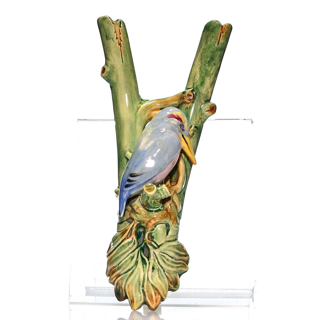 Weller Brighton woodpecker forked branch wall vase, 12": Weller Brighton wall vase with a woodpecker figure perched between forked branches. Height 12 inches. Unmarked. Excellent condition.