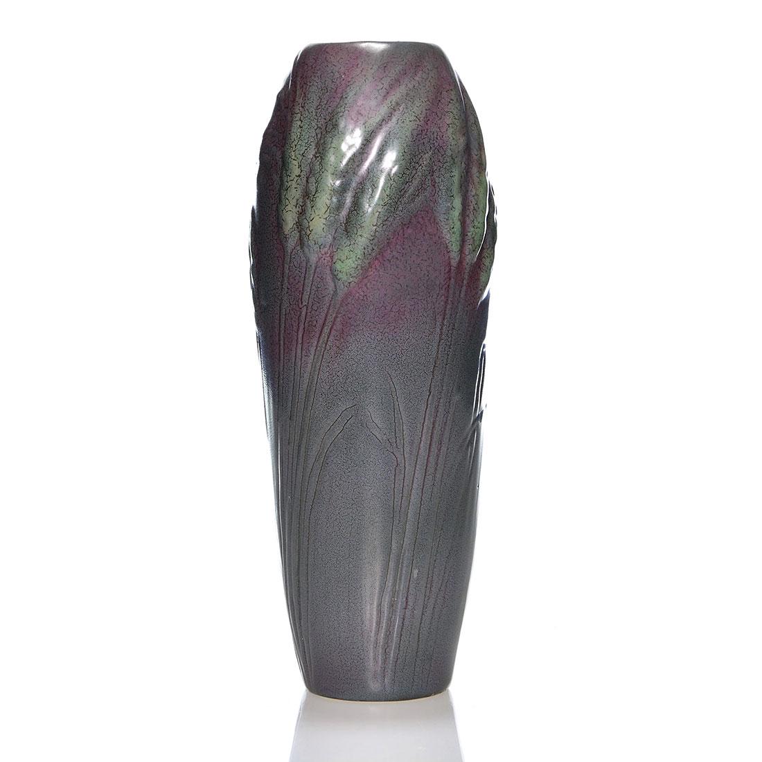 Weller Matt Ware vase, wheat, 10 3/8 inches: Weller Matt Ware vase, sometimes referred to as fru Russet, with a molded wheat design and covered colorful matt glazes. Impressed WELLER on the bottom in small block letters. There a small nick at th