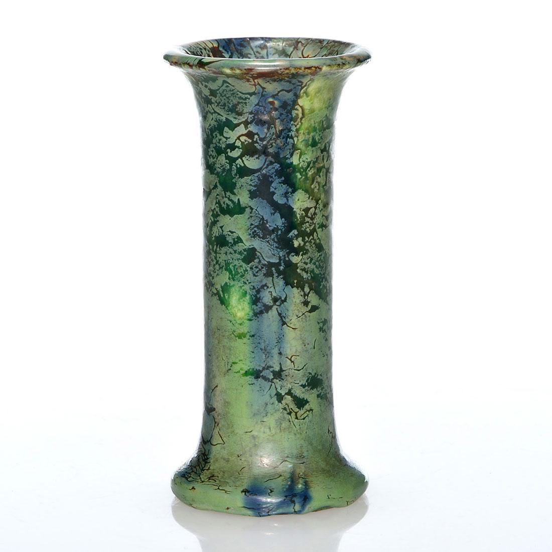 Weller Frosted Matt vase, blue, green, 5 7/8”: Weller Frosted Matt vase in shades of blue and green. Unmarked. There is a small glaze nick at the rim. Height is 5 7/8 inches.