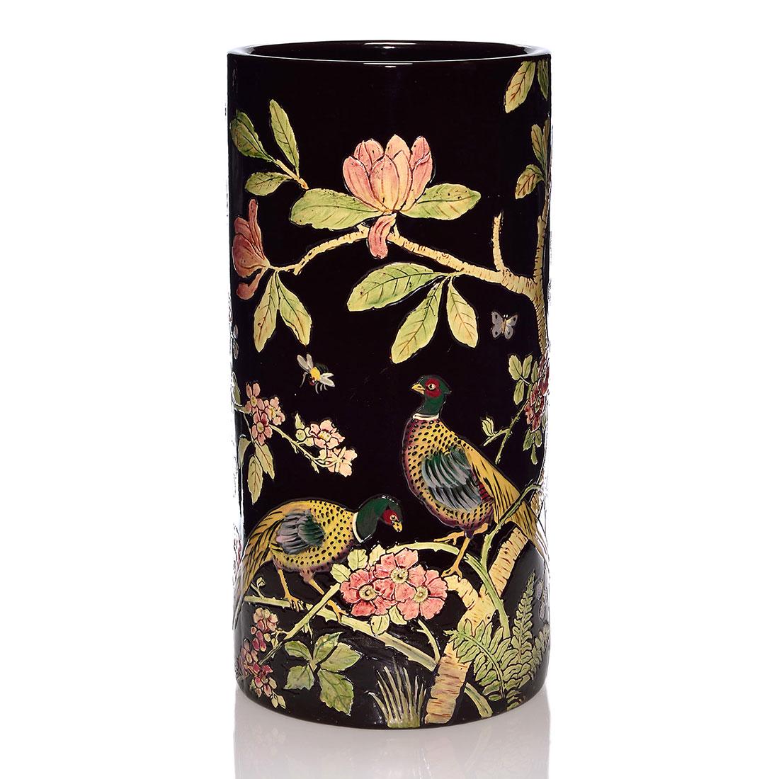 Rare Weller Dunton umbrella stand, 22 1/4”: Rare Weller Dunton umbrella stand with flora and fauna glazed in natural colors over a glossy black backdrop. The entire design is raised and outline incised. Measures 22 1/4 inches by 11 inches acros