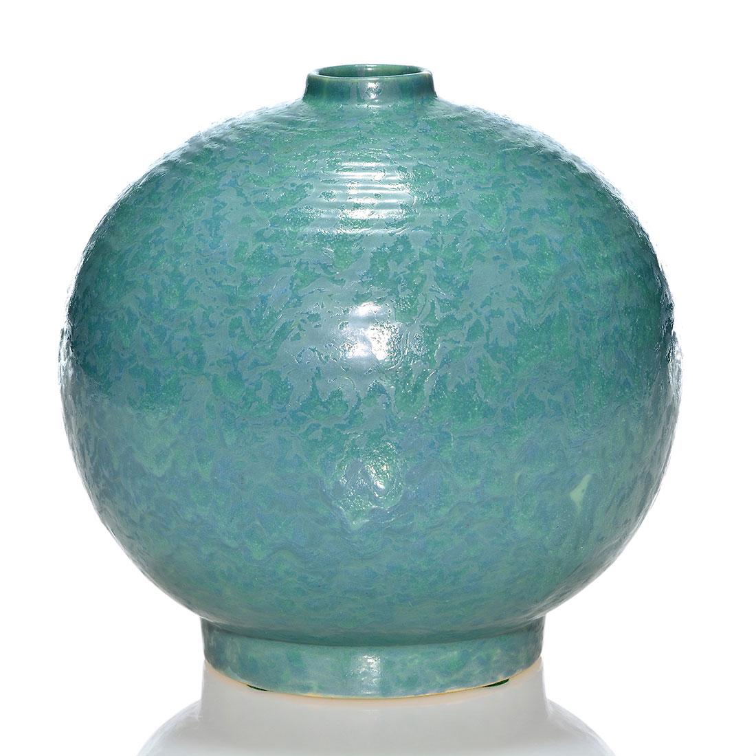 Roseville Carnelian II vase, shape 441-8, 8 1/8": Roseville Carnelian II vase, shape 441-8, in mottled blue and green. Unmarked. There is faint overall crazing. Height is 8 1/8 inches.