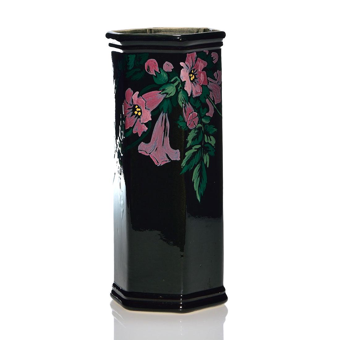 Weller Mirror Black Line vase, Trumpet Creepers,11 1/2": Rare Weller Mirror Black Line, a shiny hexagonal vase, expertly hand decorated with pink trumpet creepers on a meandering vine both front and back. Height 11 1/2 inches. Impressed WELLER beneath. Mino