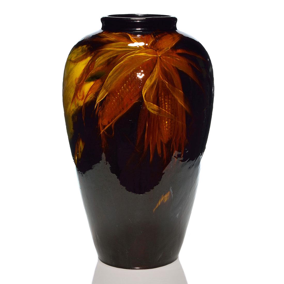 Weller Aurelian floor vase, Leffler, corn, 21": Weller Aurelian floor vase with ears of corn for decoration done by Claude Leffler. Signed Aurelian Weller on the bottom and signed C Leffler on the side. Height 21 inches. Fine overall crazing with s