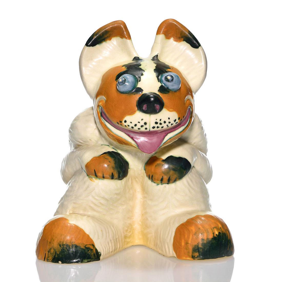 Weller large white Pop Eye dog, 9 3/4”: Large Weller Pop Eye dog in white. Incised Weller Pottery on the bottom. There is some minor chipping at the base and there is fine overall crazing. Height is 9 3/4 inches.