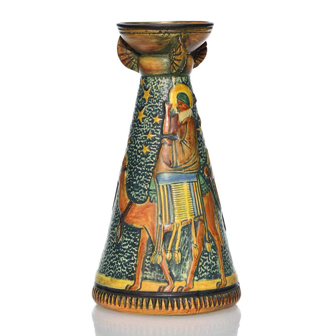 Weller Lebanon vase, men on camels, 9”: Weller Lebanon vase with men on camels. Impressed WELLER in large block letters on the base. There is a single tiny glaze nick at the rim. Height is 9 inches.