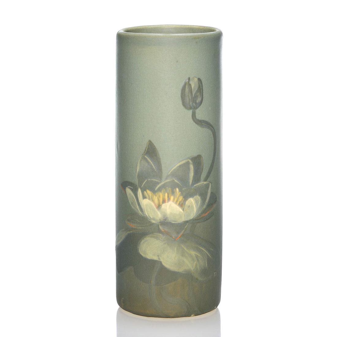 Weller Gray on Gray vase, water lily, Axline, 8 5/8": Weller Hudson, Gray on Gray vase with water lily decoration possibly done by Ruth Axline. The letter R is seen faintly below the decoration. Impressed WELLER on the bottom. There is fine overall crazi