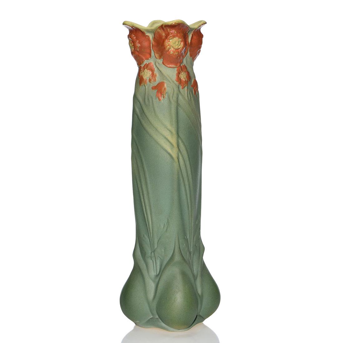 Weller L'Art Nouveau Matt Ware vase, poppies, 14 7/8": Tall Weller L'Art Nouveau or Matt Ware vase with raised and painted poppy blossoms at the rim, lengthy stems curving the green body and bulges at the base. Height 14 7/8 inches. Incised Weller Matt Wa