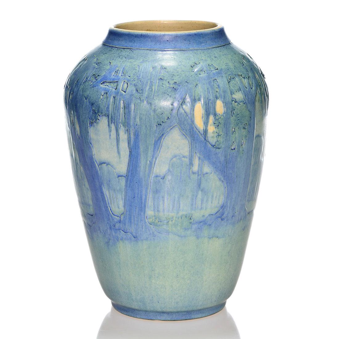 Newcomb vase, 9 3/8", Moon, Mossy Oak trees,: Large Newcomb College vase revealing a full moon beyond a meadow of aged Southern oaks, their canopies laden in Spanish moss carved and painted by Sadie Irvine. Measures 9 3/8 inches and 7 1/4 inches 