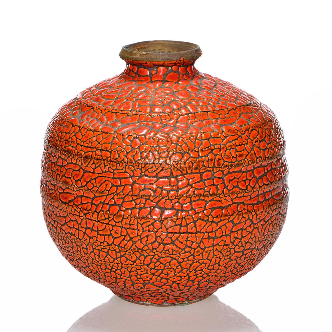 Doyle Lane orange crackle ware vase, ca 1950, 4 3/8": Doyle Lane orange crackle ware thrown vase done circa 1955. Incised Doyle Lane on the bottom. Height 4 3/8 inches. Excellent condition. Doyle Lane learned ceramics at the Los Angeles City College in t
