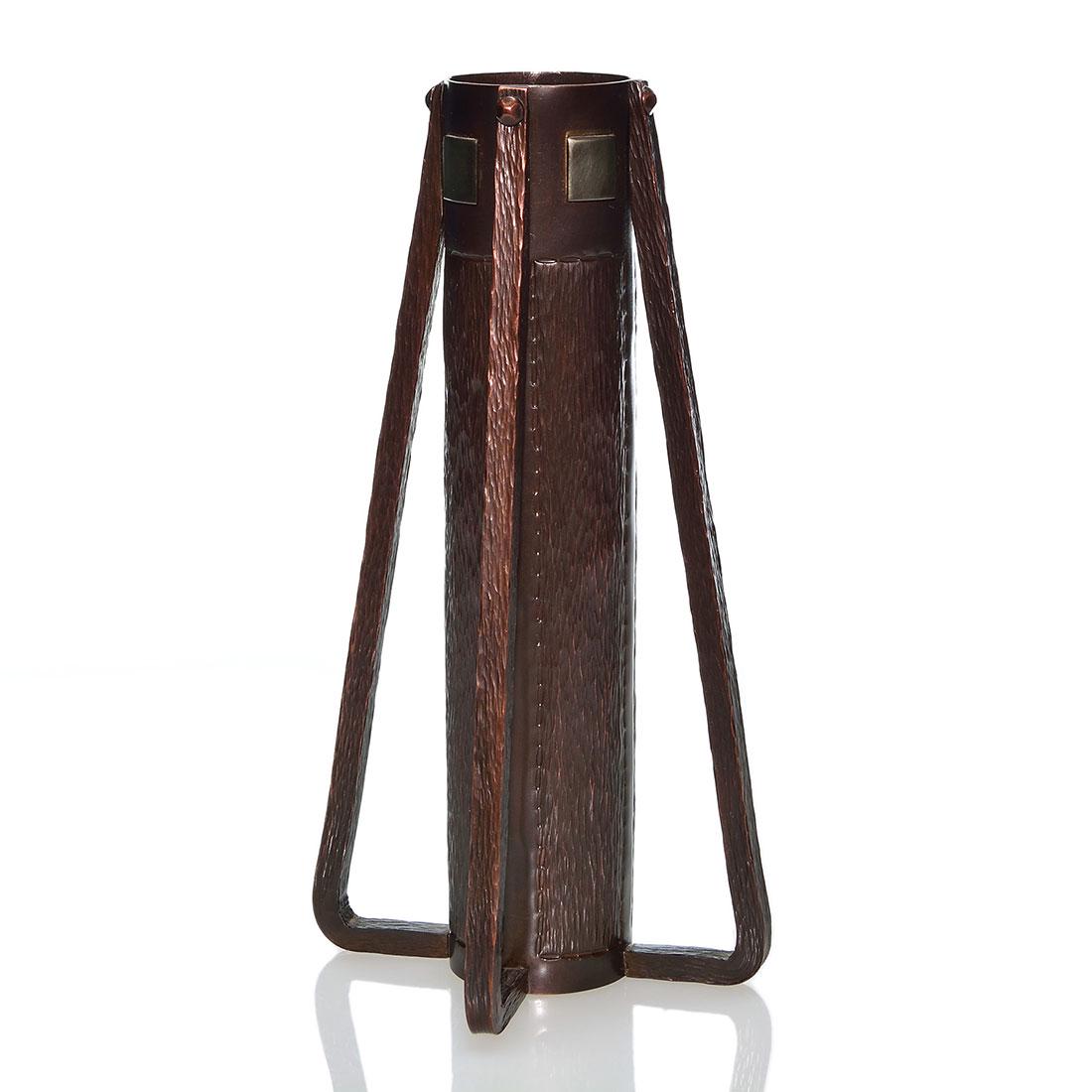 Roycroft contemporary buttress vase, hammered, 7 7/8": Roycroft contemporary hammered copper vase with four buttress handles and four nickel insets. Height 7 7/8 inches. Impressed with the Roycroft Renaissance logo, Handcrafted, USA, Copper, RV in branche