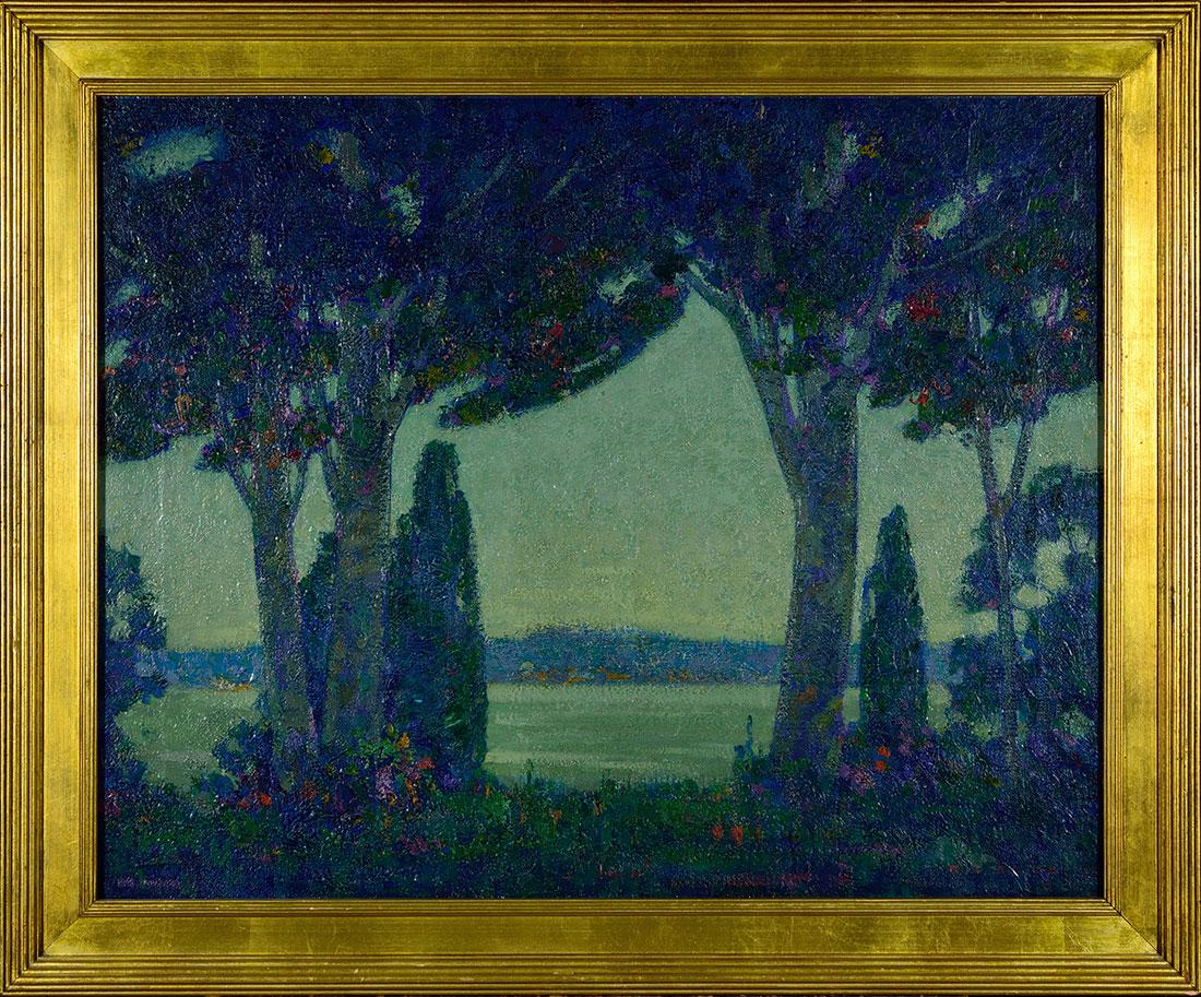 Randolph Coats O/C nocturnal scene,25 1/4" x 31 1/4": Randolph LaSalle Coats (1891-1957 American, Indiana, Ohio, Massachusetts) oil on canvas showing a grove of flowering trees in a garden, overlooking a large lake. Coates studied with Forsythe at Herron