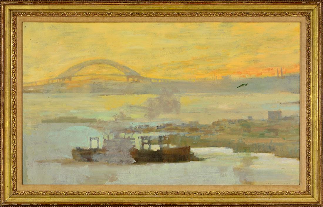 Daniel Swartz, O/C, New York Harbor,23" x 39": Daniel Bennett Schwartz (American, New York, 1929 -)oil on canvas entitled New York Harbor. Signed lower right and bearing a label from Maxwell Galleries in San Francisco listing the artist and title.