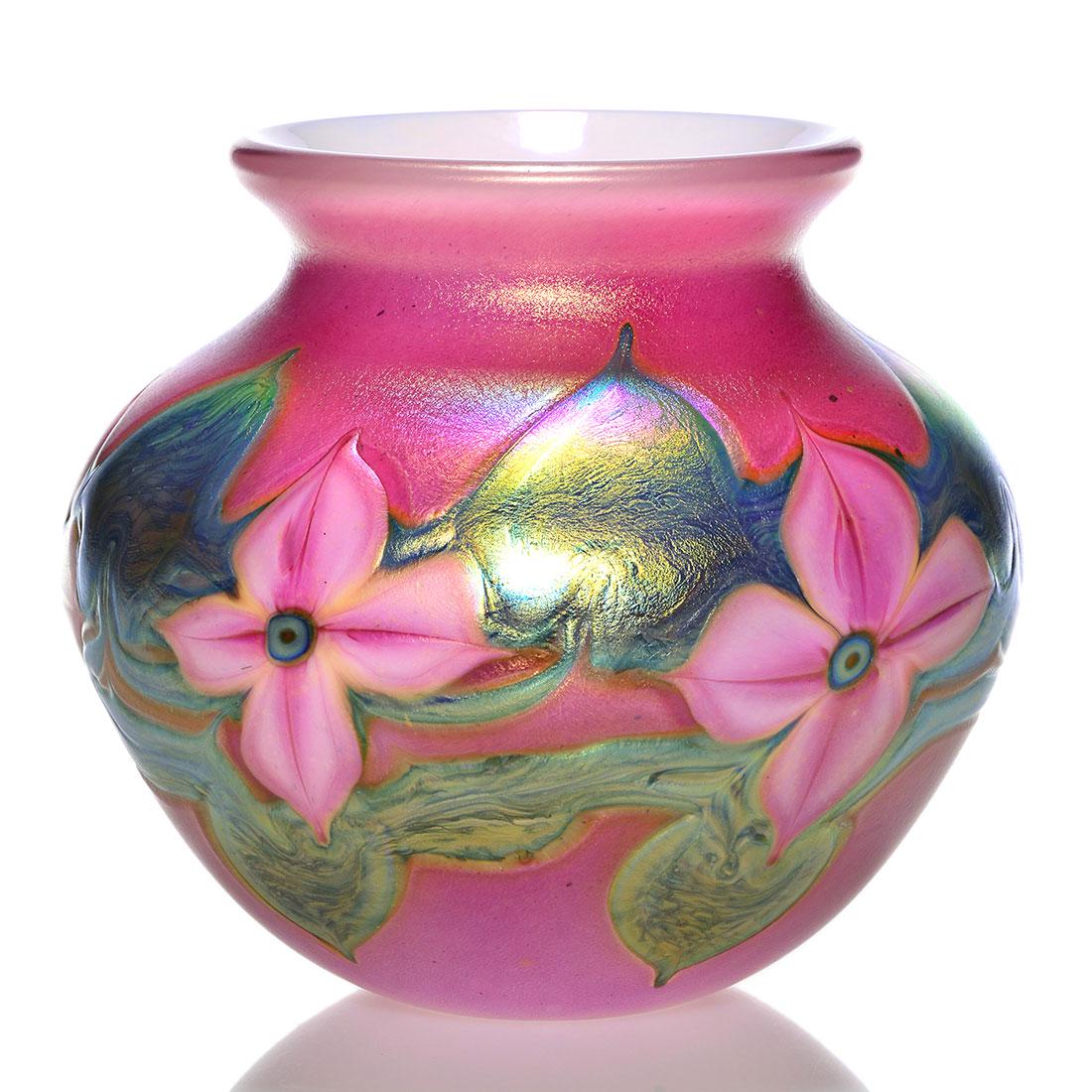 Daniel Lotton Gold Ruby vase, pink floral, 7 1/2”: Sizable Daniel Lotton Gold Ruby shouldered vase with pink dogwood flower heads amid silvery blue foliage and branches. Opal interior. Measures 7 1/2 inches by 9 inches across. Engraved Daniel Lotton, 