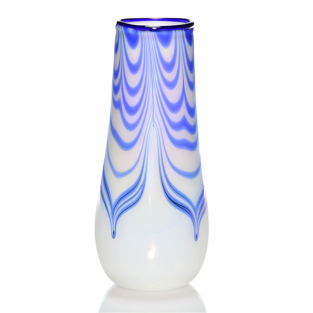 Early Charles Lotton vase, opal with blue vine,9 1/2": Early Charles Lotton Opal White vase with blue swag design, a Cobalt blue lip wrap and mild iridescence reflecting the surface. Height 9 1/2 inches. Charles merely engraved the vase Lotton, 1974. Beau