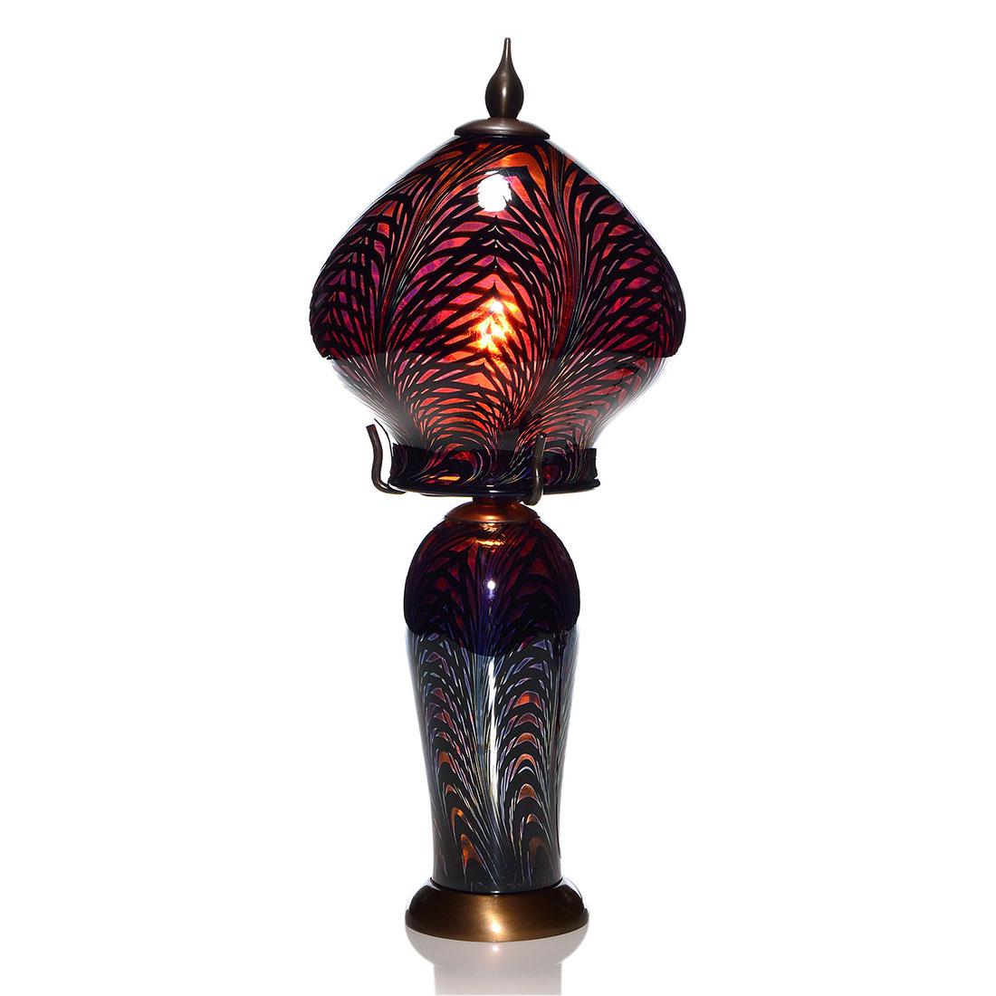 Daniel Lotton Sunset Mushroom lamp, plumes, 17”: Daniel Lotton Sunset mushroom boudoir lamp rising 17 inches. Ebony plumes intertwine the shade and base as silvery blue enhances every barb, a miracle bleed from the black design. Daniel signed both s