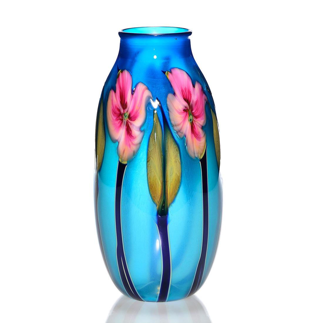 Early Charles Lotton Copper Blue Multi Flora, 9 1/2": Charles Lotton Copper Blue Multi Flora vase encircled with stands of ruby pink flowers alternating with olive green split foliage, above ebony stems. Engraved Charles Lotton, 1989 and Multi Flora. Hei