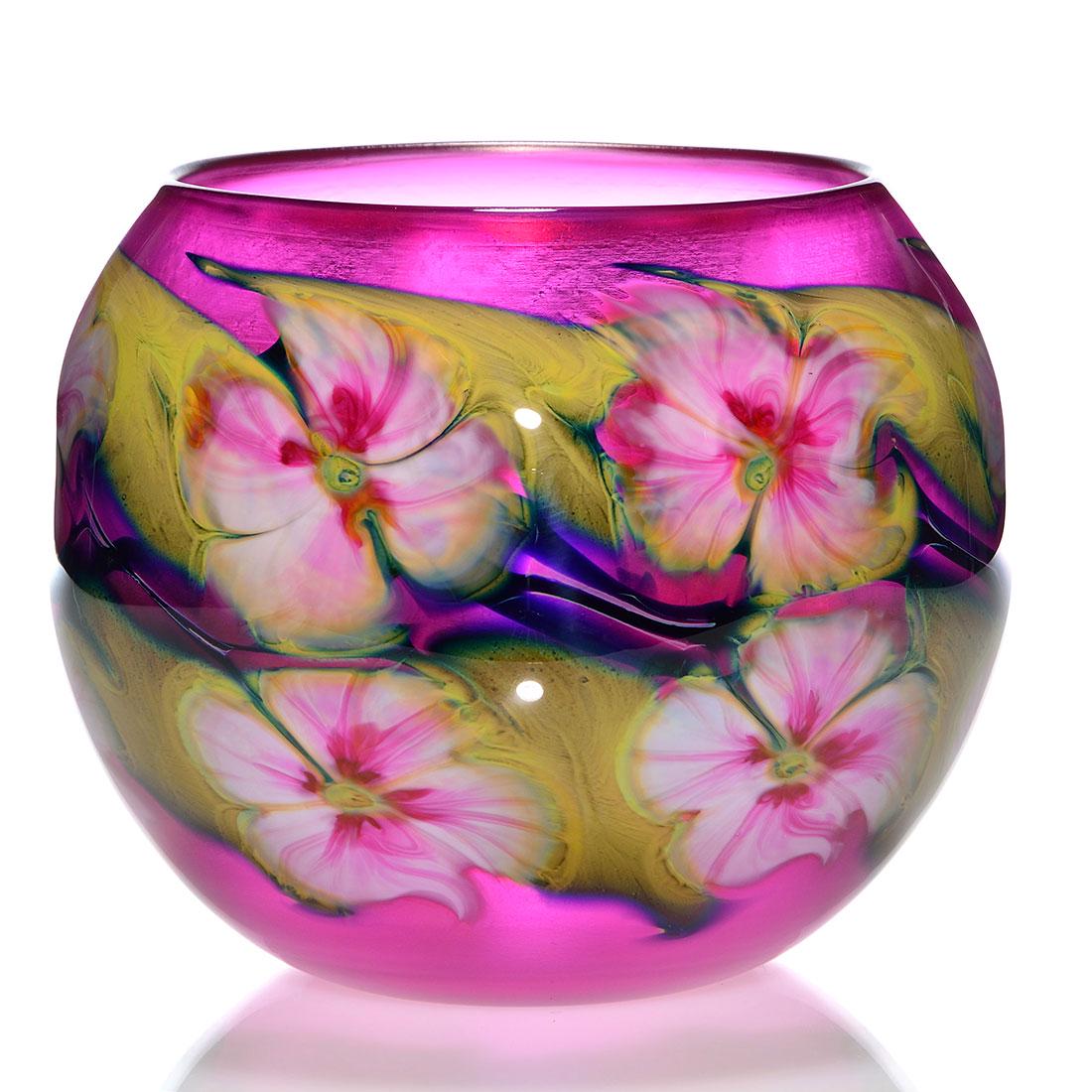 Early Charles Lotton Fuchsia Multi Flora vase,7 1/2": Early Charles Lotton Multi Flora Fuchsia vase revealing twelve pink to white blossoms among olive green foliage. Measures 7 1/2 inches by 10 inches across. Engraved Charles Lotton, 1988, Multi Flora. 