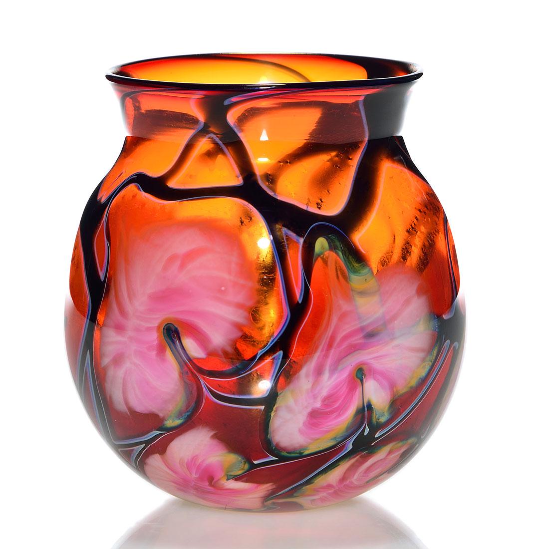 John Lotton Ruby Red vase, leaves, 6 1/2”, 1990: John Lotton Ruby Red vase disclosing a lattice of blackened vines supporting pinky white foliage. Height 6 1/2 inches. Engraved John Lotton, 1990. Excellent condition.