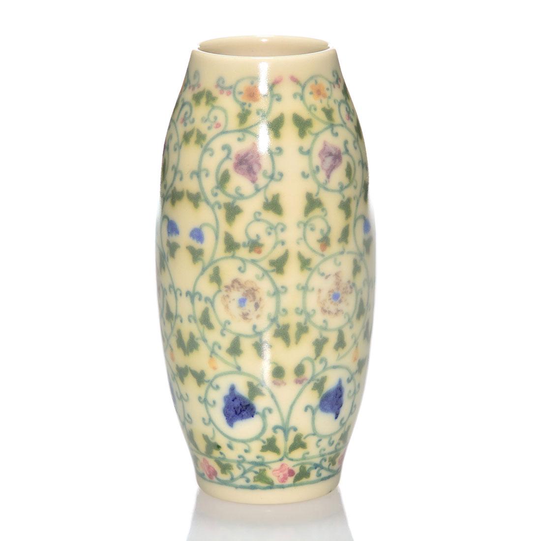 Rookwood Porcelain floral vase, Conant, 1921, 6 1/2": Porcelain vase with intricate floral decoration painted by Arthur Conant in 1921. Marks include the Rookwood logo, date, shape 551 and Mr. Conant's incised monogram. Uncrazed and in excellent conditio