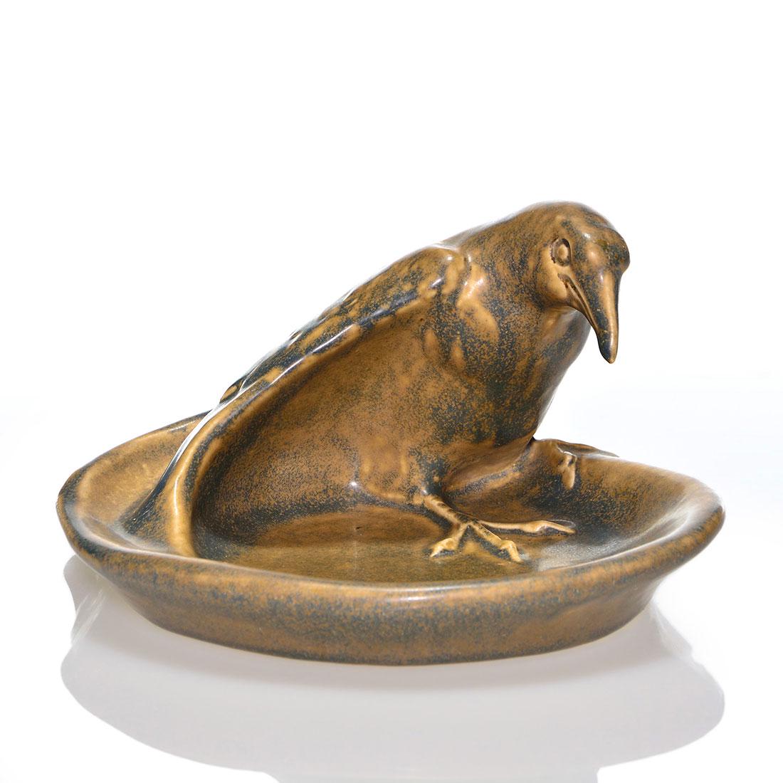 Rookwood Rook ashtray, blue & tan, 1927, 1139, 4 1/8" (1 of 2)
