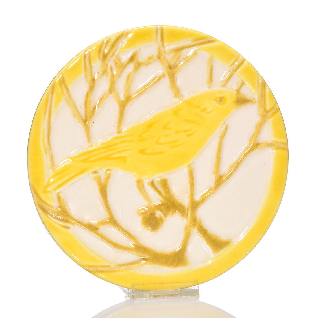 Rookwood trivet, bird on branch, 1927, 2349, 6 1/8" (1 of 2)