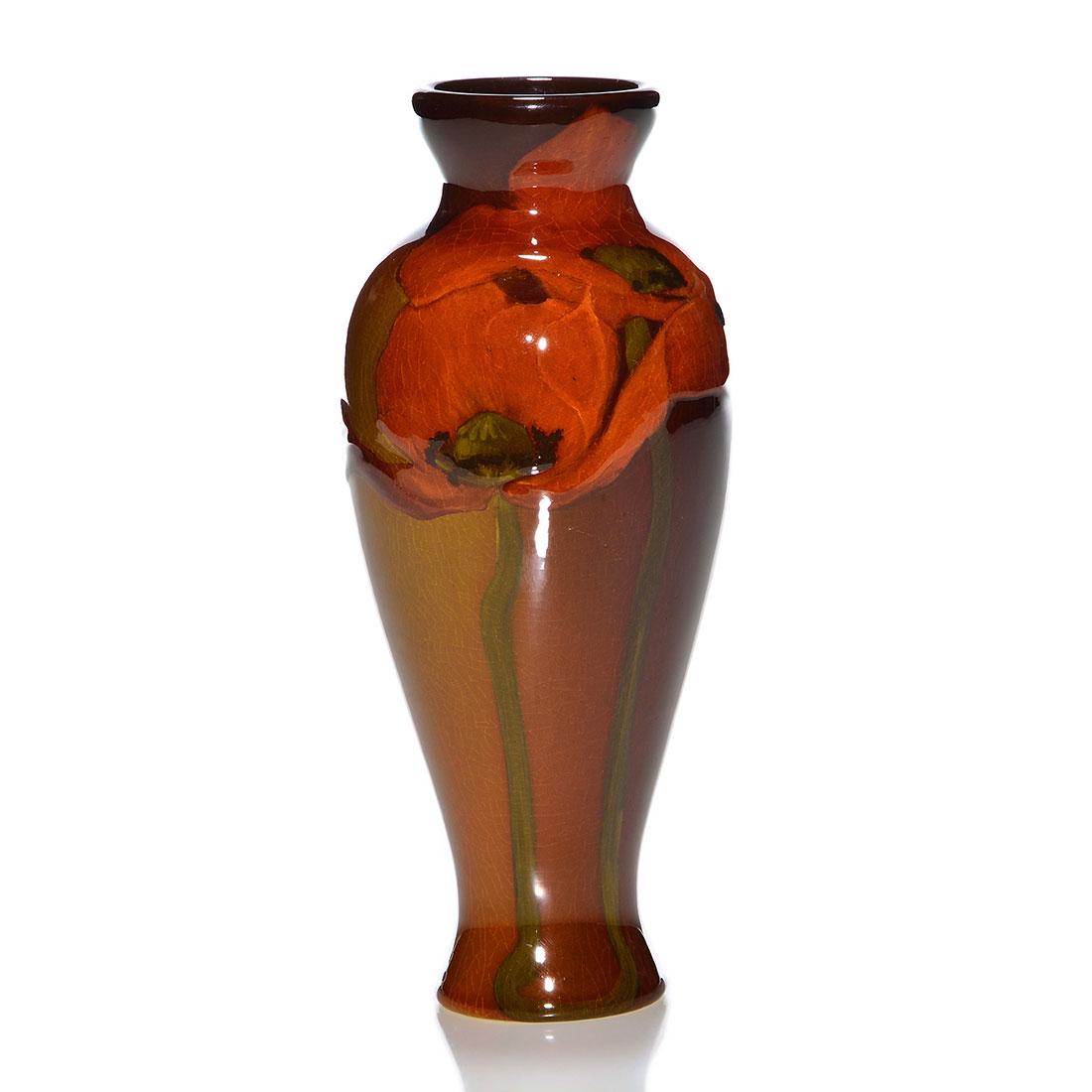 Rookwood Standard vase, poppies, Hurley, 1900, 7”: Standard glaze vase decorated with poppies painted by E.T. Hurley in 1900. Marks include the Rookwood logo, which indicates the date, shape 792 D and Mr. Hurley’s incised monogram. There is fine